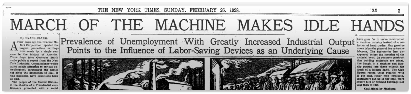 New York Times article from 1928 attributes machines to increase unemployment and industrial output